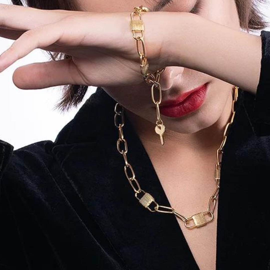 Viintage Lock Necklace and Bracelet 2 pcs Set