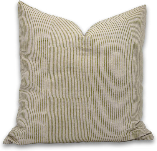 Stripped Linen Fringe Throw Pillow Covers - Olive