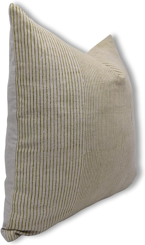 Stripped Linen Fringe Throw Pillow Covers - Olive