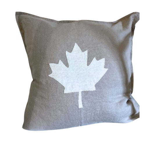 Linen Throw Pillow - Taupe and White Maple Leaf  **Exclusive